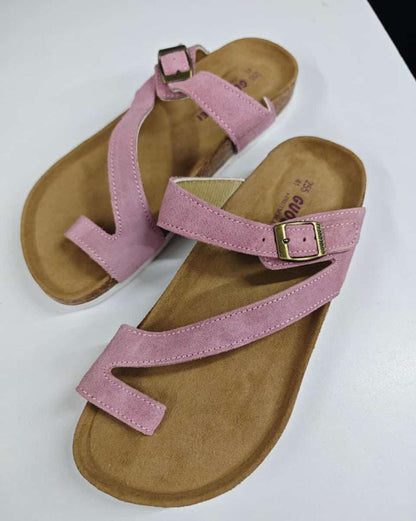 PINK BUCKLE CORK SANDALS