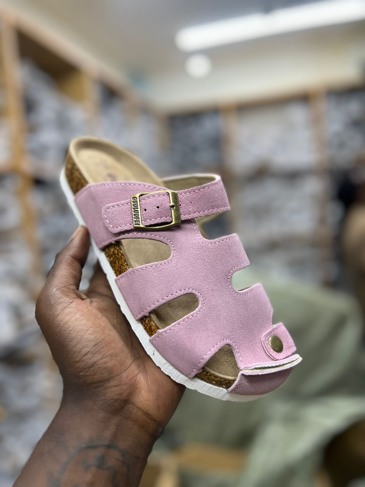 PINK BUCKLE CORK SANDALS