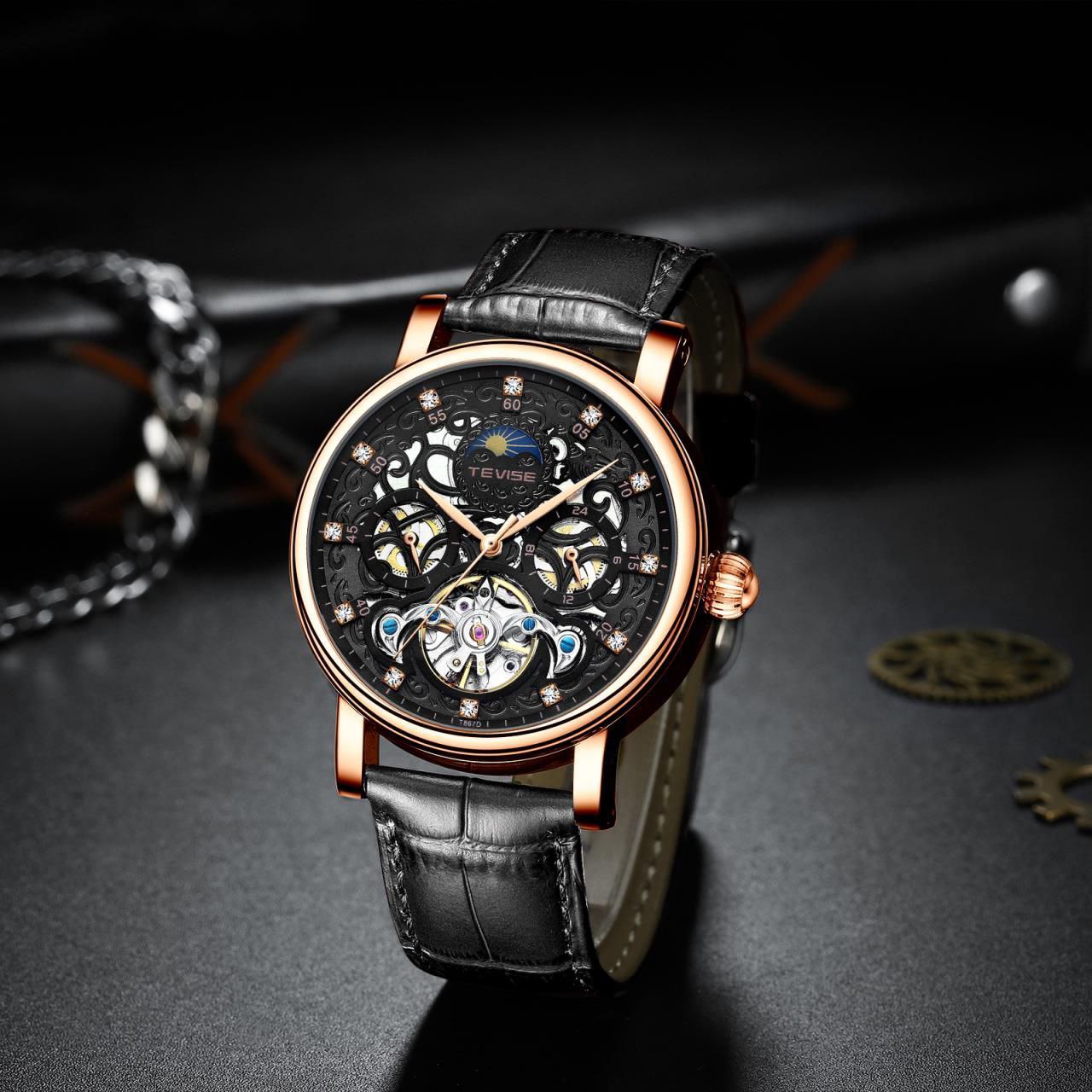 TEVISE LEATHER AUTOMATIC TOURBILLON WATCH