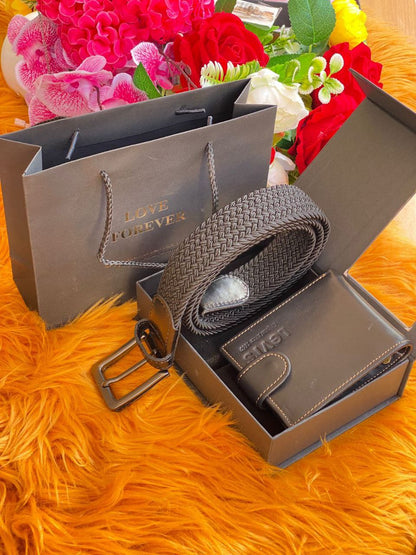 MEN EXECUTIVE BRAIDED BELT AND LEATHER WALLET GIFTSET