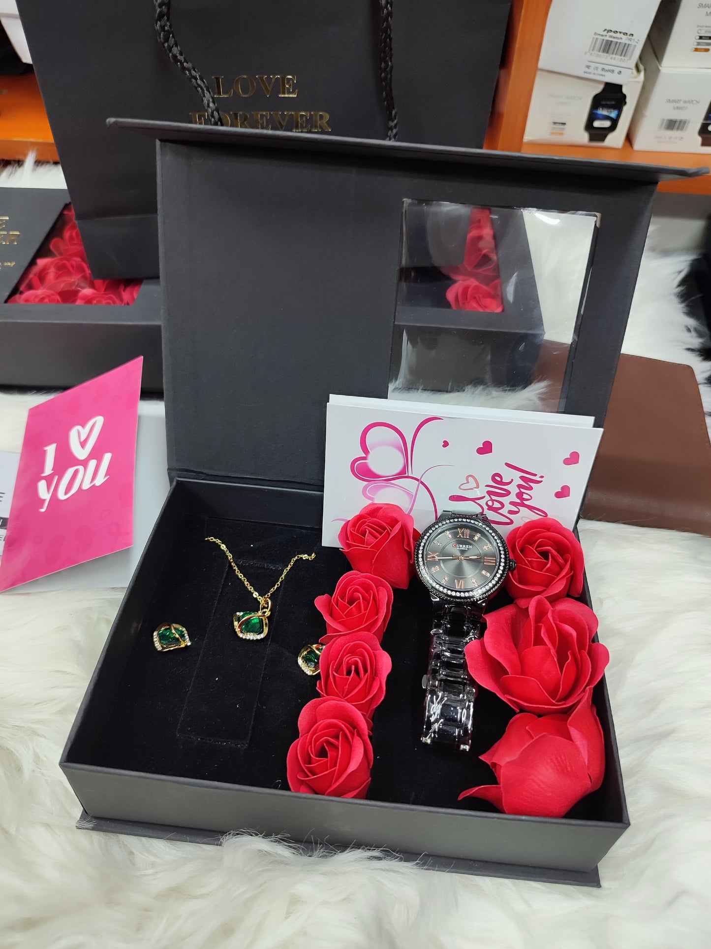 LADIES  GIFT SET (Watch,Necklace,Earrings, Preserved roses,a note and gift bag)