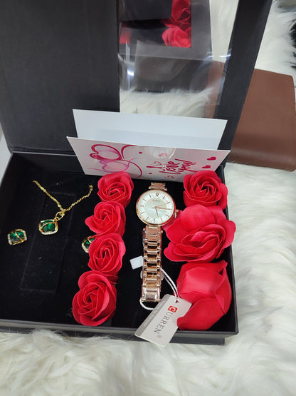 LADIES  GIFT SET (Watch,Necklace,Earrings, Preserved roses,a note and gift bag)
